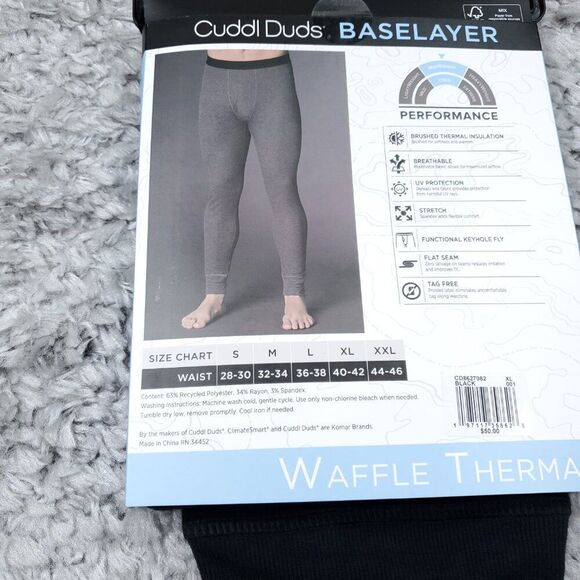 Cuddl Duds Men's Performance Baselayer Black Waffle Thermal Pants Keyhole XL - Picture 4 of 5